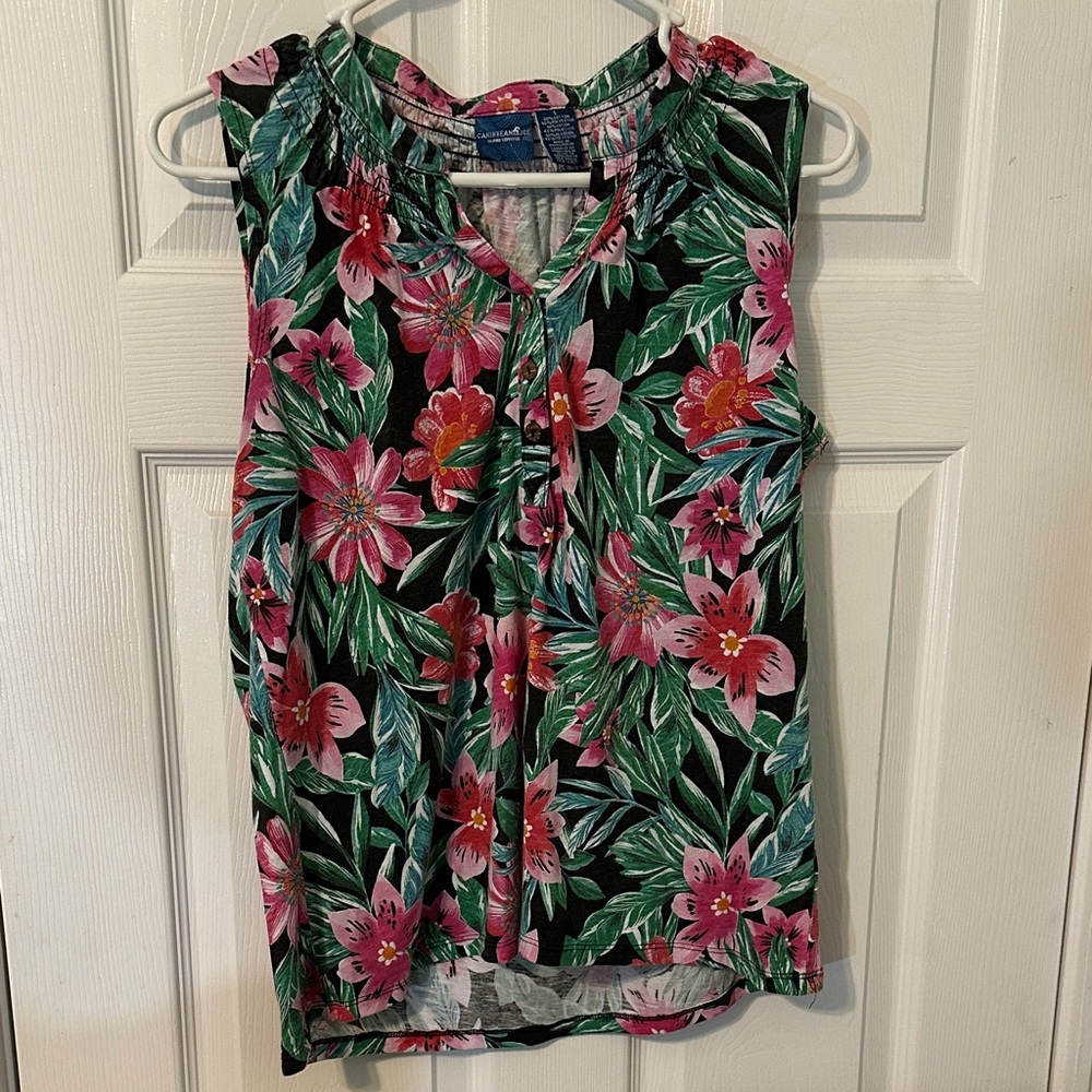 Caribbean Joe Tropical Floral Sleeveless Print Top Size L